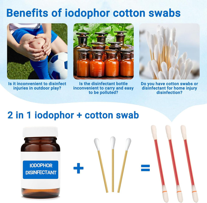 100 Pieces Disposable Iodine Cotton Swabs, Iodine for Wounds Cotton Swabs, Portable Individually Wrapped Medical Cotton Buds for Nasal Ears Bruise, Emergency Wound Care