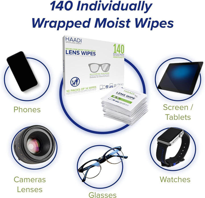 Glasses Cleaner Wipes 140 Individually Wrapped Lens Wipes Multipurpose Suitable for Spectacle Lenses, Cameras, Binoculars, Mirrors, Screens, Optical and Electronic Devices