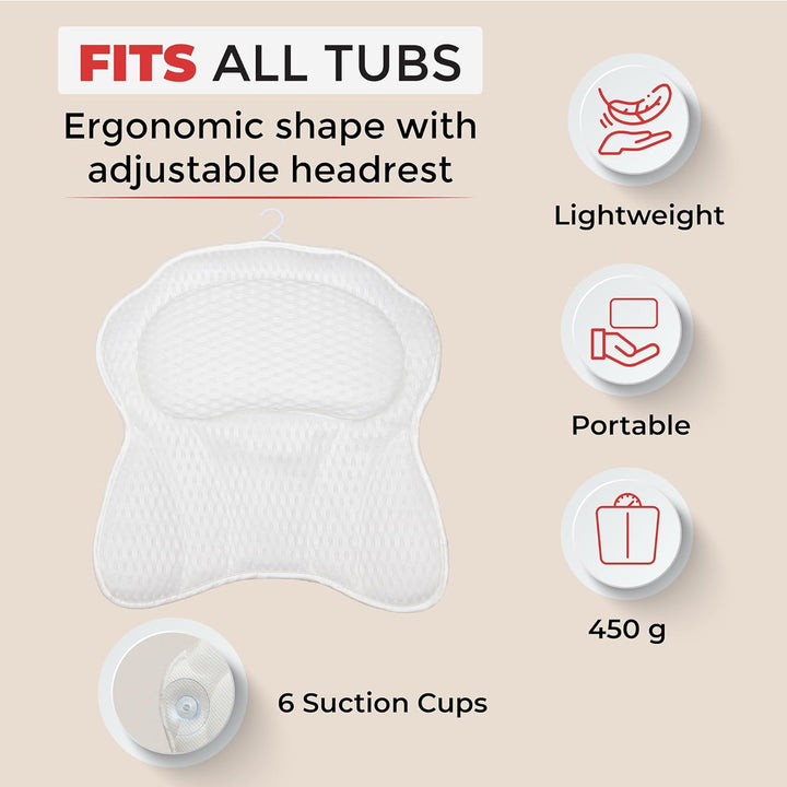 Luxury Bath Pillow for Bathtub - Comfortable Head, Neck & Back Support Spa Pillow - 4D Mesh Cushion with 6 Suction Cups - Fits All Bathtubs, Hot Tubs & Spa Tubs - Quick-Dry Bath Pillow White
