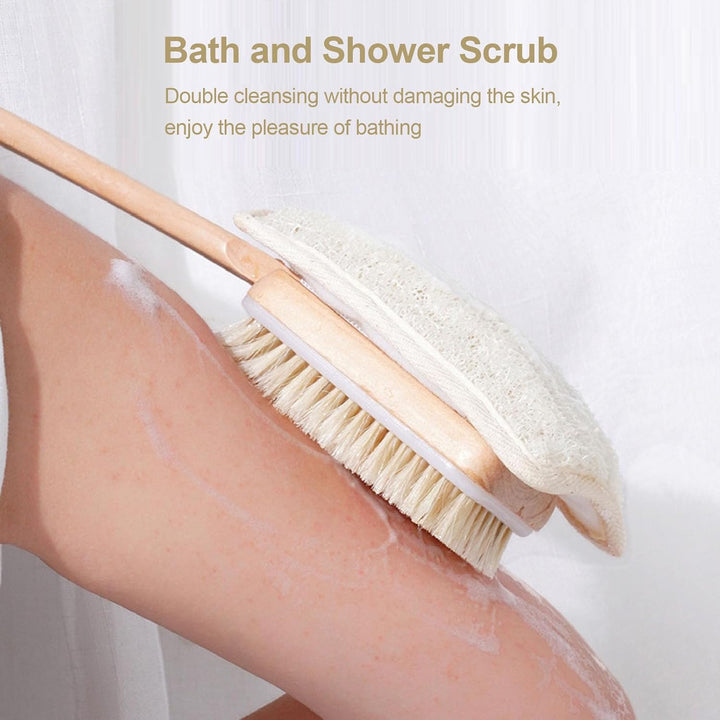 Long Handle Back Loofah Scrubber and Shower Brush with Loofah Bristle - Soft Exfoliator for Full Body Cleaning, Non-Slip Wood Handle, Ideal for Wet or Dry Use