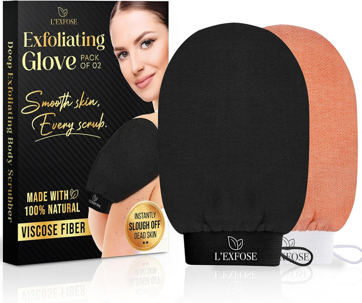 Moroccan Kessa Exfoliating Glove 2Pc - Korean Exfoliating Mitt for Body Ideal for Dead Skin Remover, Keratosis Pilaris & Self-Tanning to Improve Skin Tone Made with 100% Natural Viscose