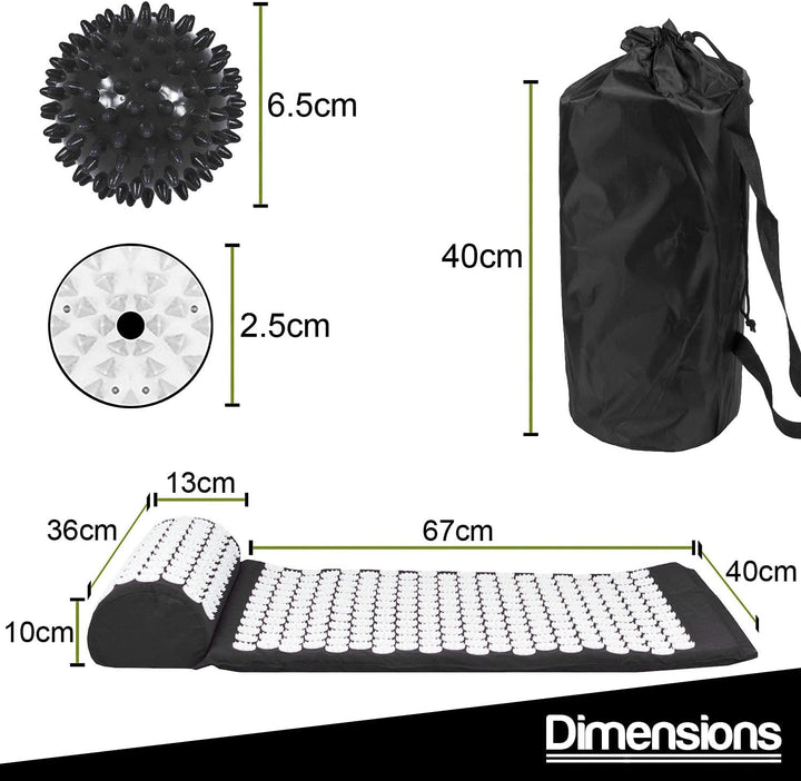 Acupressure Mat with Pillow & Ball Acupuncture Pin Massage Set (Black)