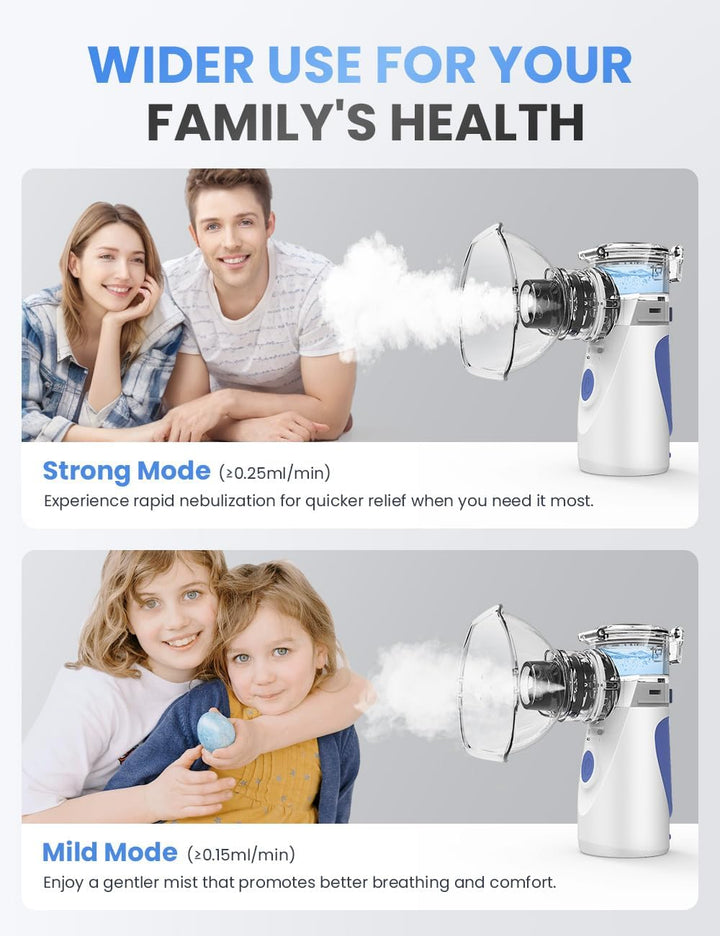 Ultrasonic Nebuliser Machine for Adults & Kids, Portable Silent Nebuliser for Kids with 2 Masks and Mouthpiece, Handled Nebulizer for Home & Travel