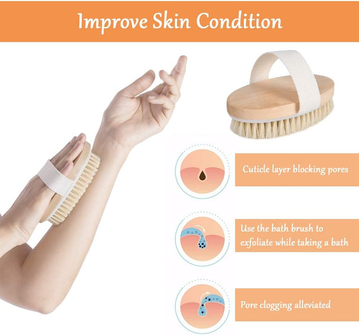 Body Brush, Natural Bristle Shower Brush, Dry Brushing Back Scrubber for Exfoliating, Massage, Improve Blood Circulation Cellulite