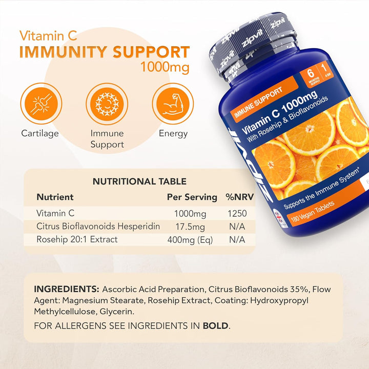 Vitamin C 1000Mg, 180 High Strength Vitamin C Tablets with Rosehip & Bioflavonoids, Vegan VIT C Supplement, Supports the Immune System and Reduction of Tiredness and Fatigue