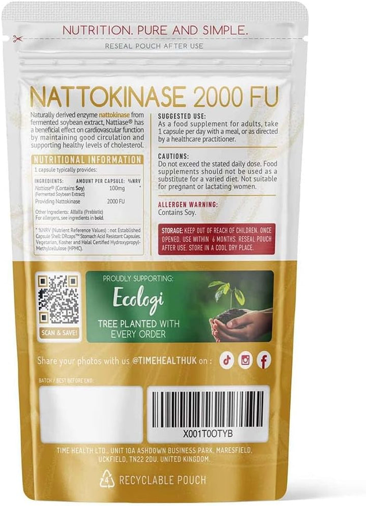 New: Nattokinase - 60 Capsules - 2000 FU / 100Mg - Nattiase® Natural Fermented Soybean Extract - Enzyme from Japanese Natto - UK Made - GMP Standards - Zero Additives (60 Count (Pack of 1))