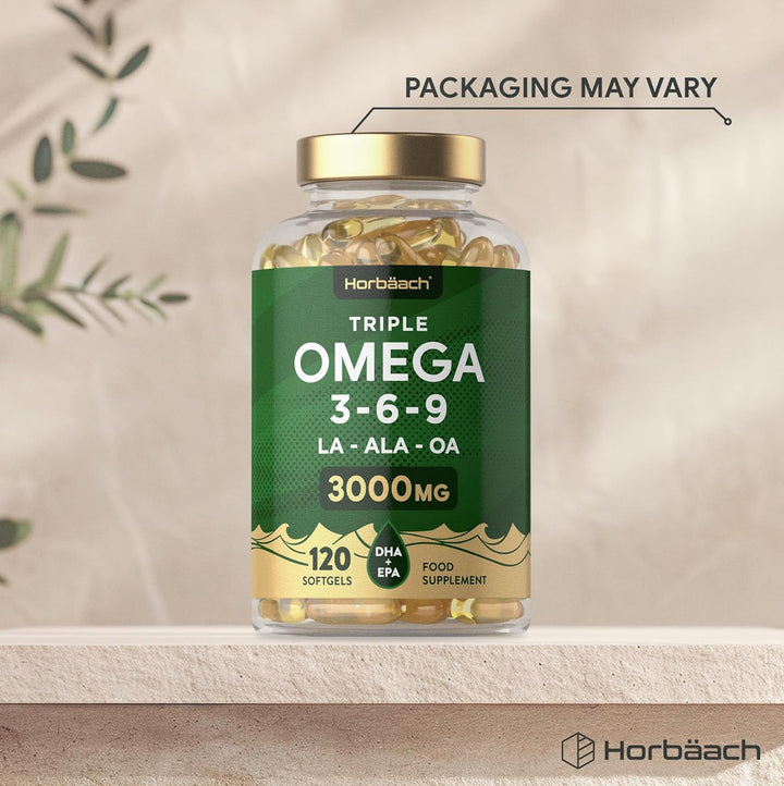 Triple Omega 3 6 9 Capsules 3000Mg ALA, LA & OA | 120 Softgels | High Strength EPA & DHA Essential Fatty Acids | Supplement with Fish Oil, Flaxseed & Sunflower Oil | by