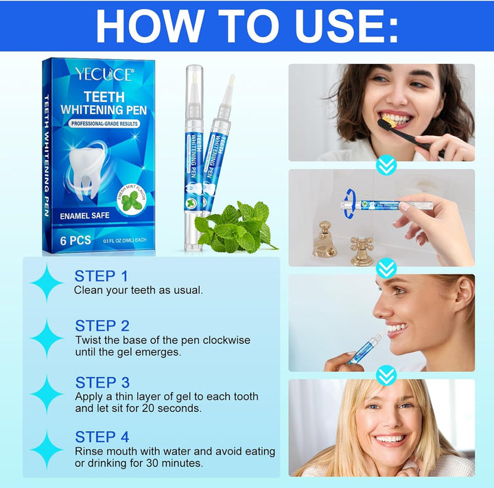 Teeth Whitening Pen - Teeth Whitening Gel Essence, 6 PCS Deluxe Kit, 5 Minute Effective Whitener Bleach Pen for Adults, No Sensitivity, Mint