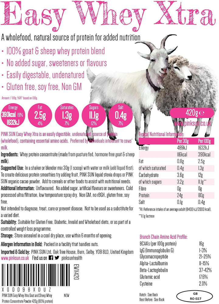Goat Sheep Whey Protein Powder 420G (80% Protein) Pure Unflavoured Concentrate Soy Free Gluten Free Undenatured Non GM Easy Whey Xtra
