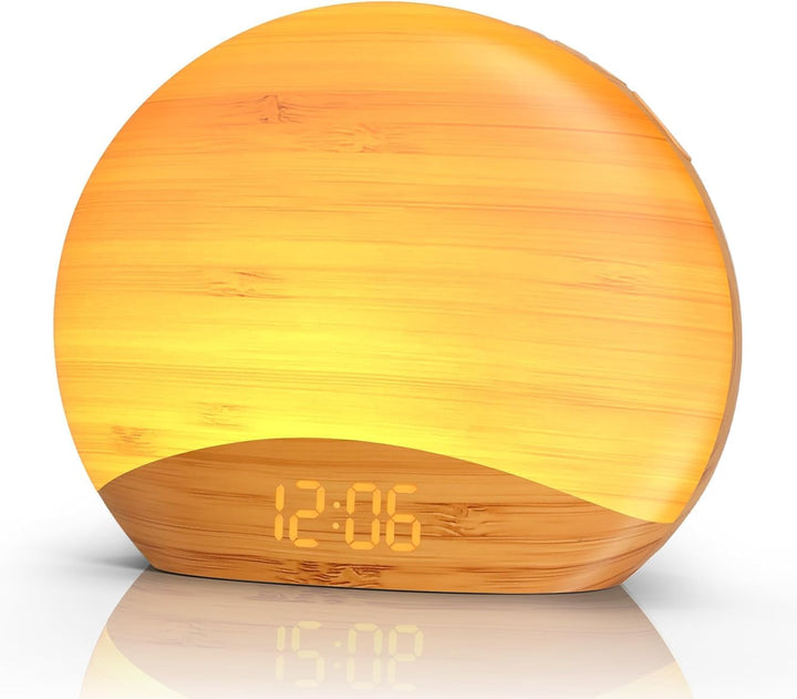 Wood Wake up Light Alarm Clock, Sunrise Simulation, Bedside Lamp, White Noise Machine, 8 Colors Nightlight, Digital Dimmable Clock, 26 Natural Sounds, Snooze, Sleep Timer for Kid, Adult