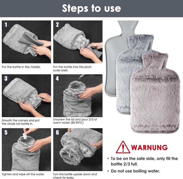 Hot Water Bottle with Luxury Cosy Faux Fur Cover,2L Leakproof Large Hot Water Bag for Neck,Shoulder,Hand Feet Warmer,Gifts for Women,Men(Grey)