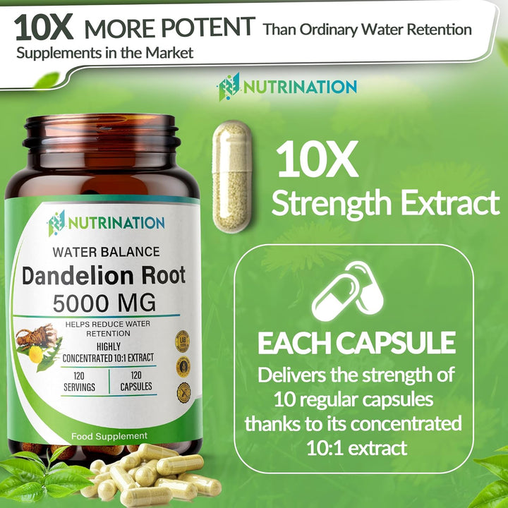 Water Retention Tablets - Dandelion Root Capsules 5000Mg | (4-Month Supply) 120 Vegan Capsules | High-Strength Herbal Supplement for Bloating, Detox & Fluid Balance | Non-Gmo & Lab-Tested