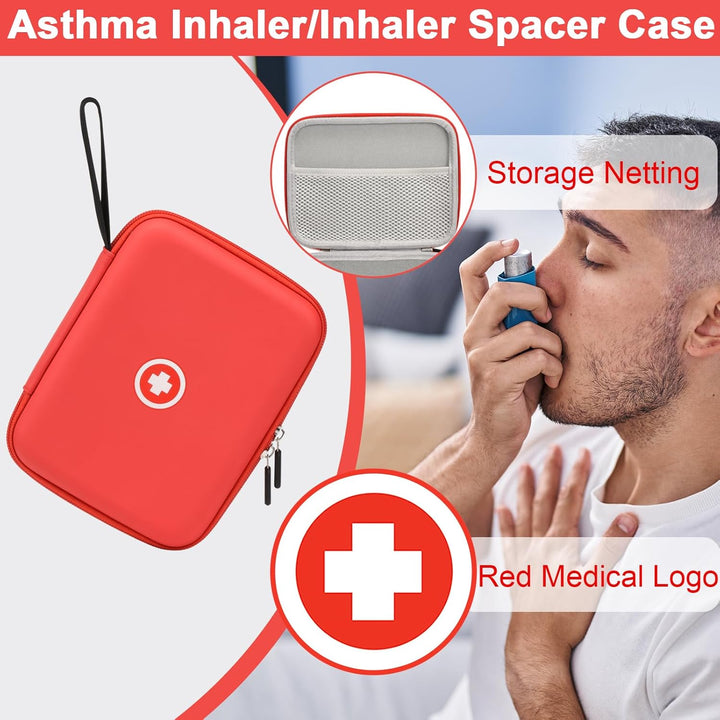 Asthma Medications Case, Hard Travel Case for Inhaler Spacer, Inhaler Mask, Pills, First Aid Supplies, Red