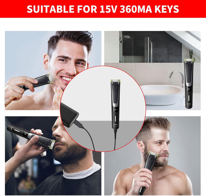 15 V USB Charging Cable Replacement HQ8505 Charger Cord Compatible with Philips Shaver Norelco One Blade Multigroom Pro All-In-One Grooming Trimmer, Precision, Bodygroom, Arcitec Power Cable