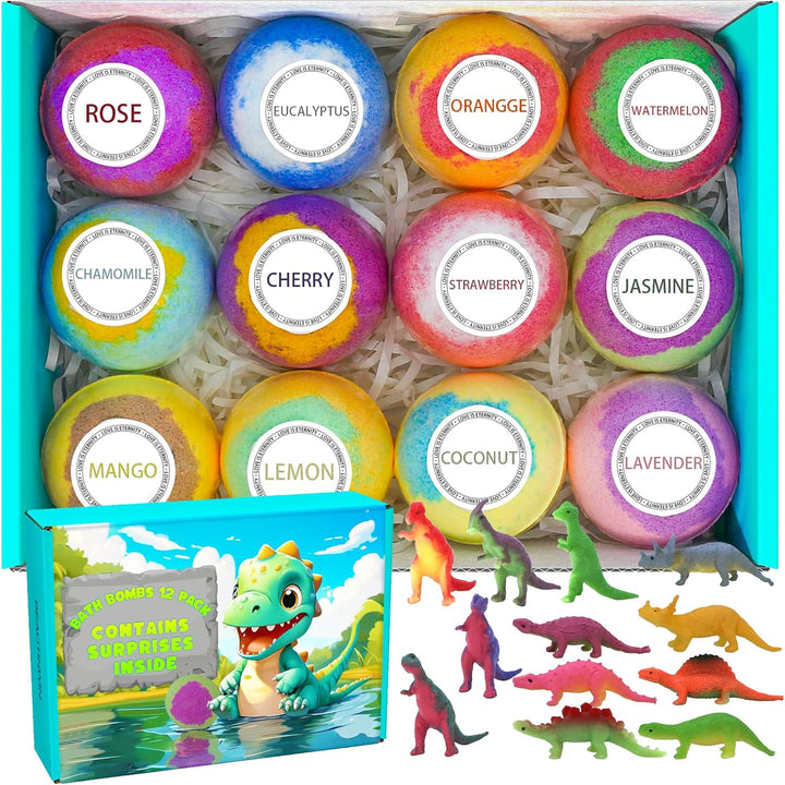 12 Pack of Bath Bombs for Kids with Surprise Toy Inside, Fun Educational Toy Dino Fizzy Balls W/Rich Bubbles, Organic Dinosaur Bath Bomb Gift Set, Kids Bubble Bath Dino Egg for Kids 3 4 5 6 7 8 9 Year