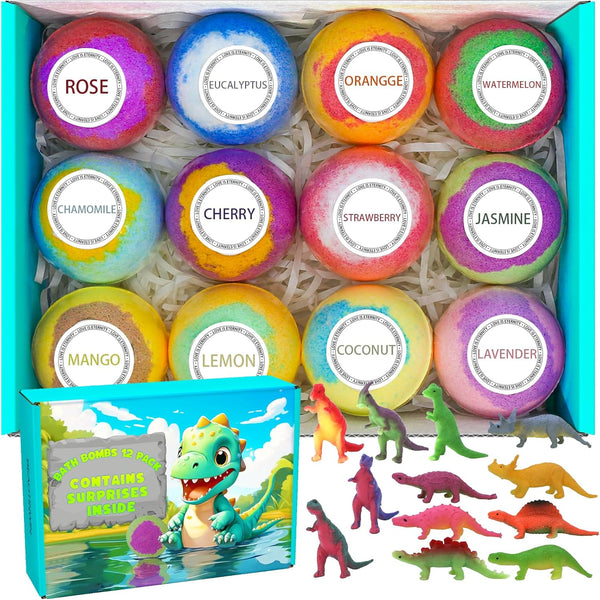 12 Pack of Bath Bombs for Kids with Surprise Toy Inside, Fun Educational Toy Dino Fizzy Balls W/Rich Bubbles, Organic Dinosaur Bath Bomb Gift Set, Kids Bubble Bath Dino Egg for Kids 3 4 5 6 7 8 9 Year