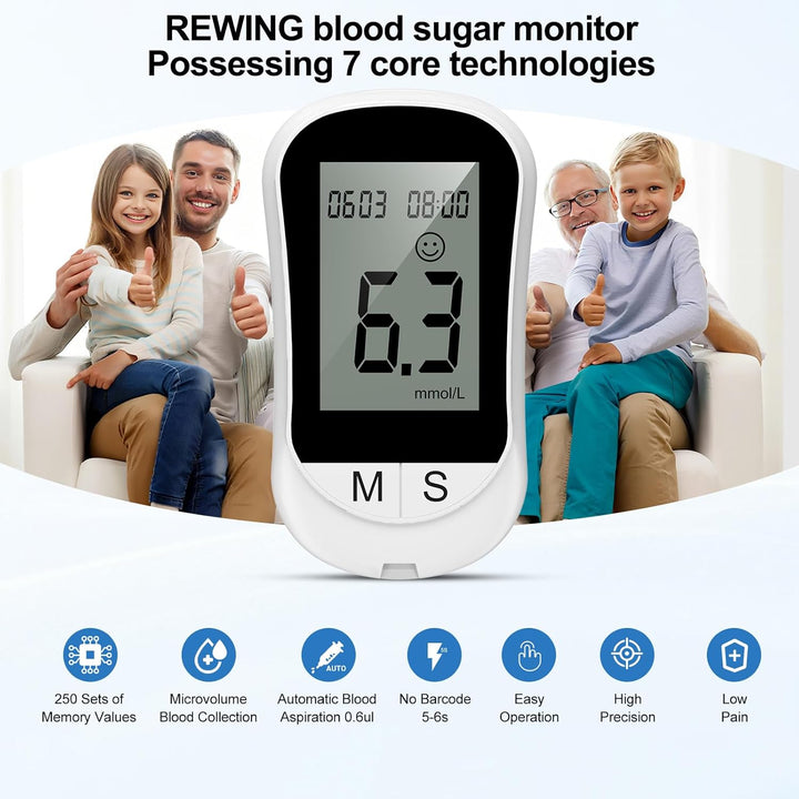 Blood Sugar Monitor Blood Sugar Test Kit with 100 Test Strips & 100 Lancets, No Coding Diabetes Testing Kit 250 Memory 5 Seconds Accurate for Diabetics Home Self-Testing-In Mmol/L