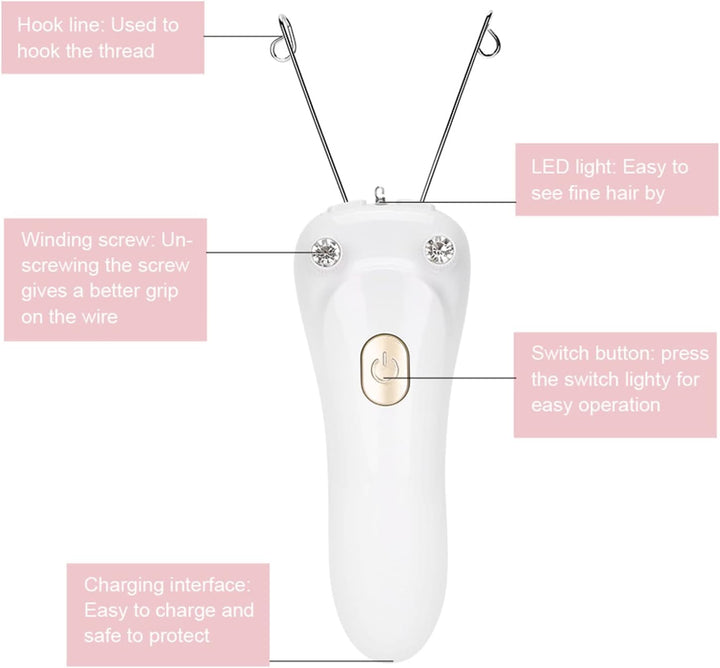 Electric Facial Hair Threader, Hair Removal Face Threading Machine USB Chargeable Cotton String Thread Lip Chin Cheek Arm Leg Body Epilator Depilation Woman Portable Device
