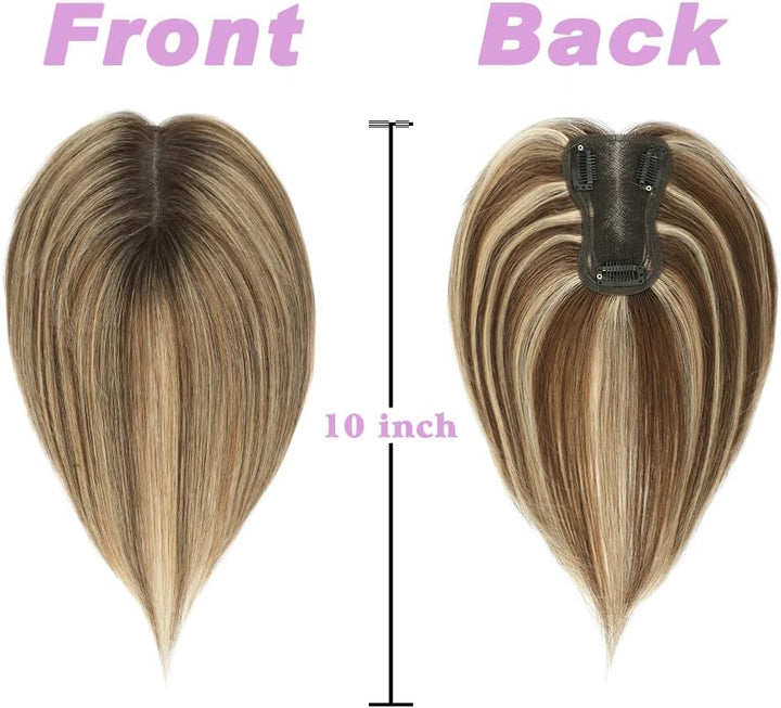 Hair Toppers with Thinninghair 100% Real Human Hair Topper for Women 10Inch Medium Brown Mix Blonde with Dark Brown Root Toppers 120% Density Top Toppee for Thinninghair4T427