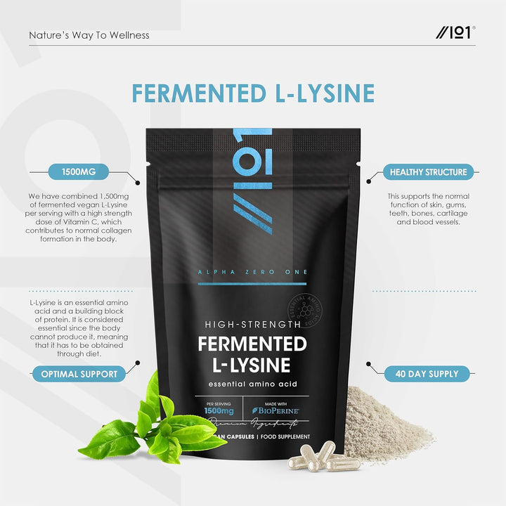 Fermented L-Lysine 1500Mg with Bioperine® - Made with Vitamin C - High Strength - 120 Vegan Capsules – Resealable and Recyclable Pouch – by