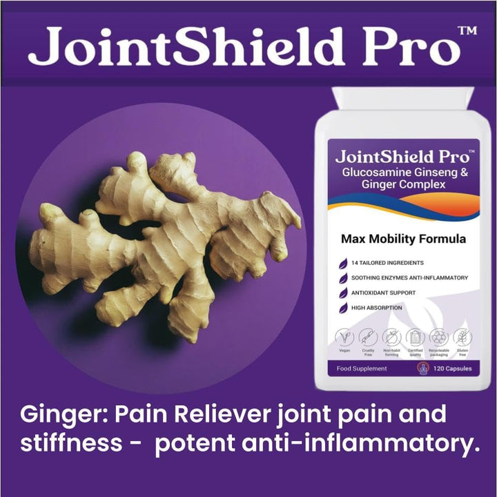 Jointshield Pro Glucosamine, Ginseng, Ginger Supplement with VIT C, MSM, Cherry, Rosehip, ACV, Turmeric & Calming Enzymes - Supports Osteoarthritis, Knee, Ankle Swelling & Inflammation Relief