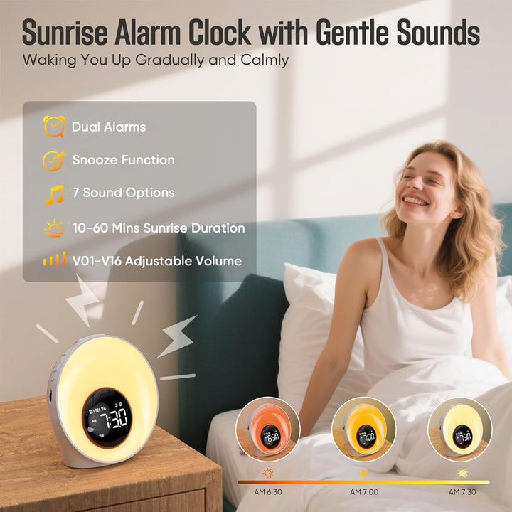 Wake up Light Sunrise Alarm Clock,White Noise Sound Machine with 30 Soothing Sounds,Timer,Sleep Aid,Snooze,Adjustable Brightness & Volume Lamp,Dual Digital Alarm Clocks for Heavy Sleepers Adults Kids