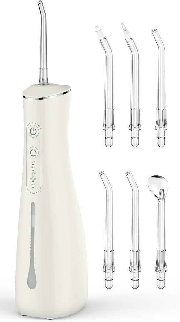 Water Flosser for Teeth Cordless Rechargeable with 4 Jet Tips 300ML Water Tank IPX7 Waterproof for Travel Home (Off-White)