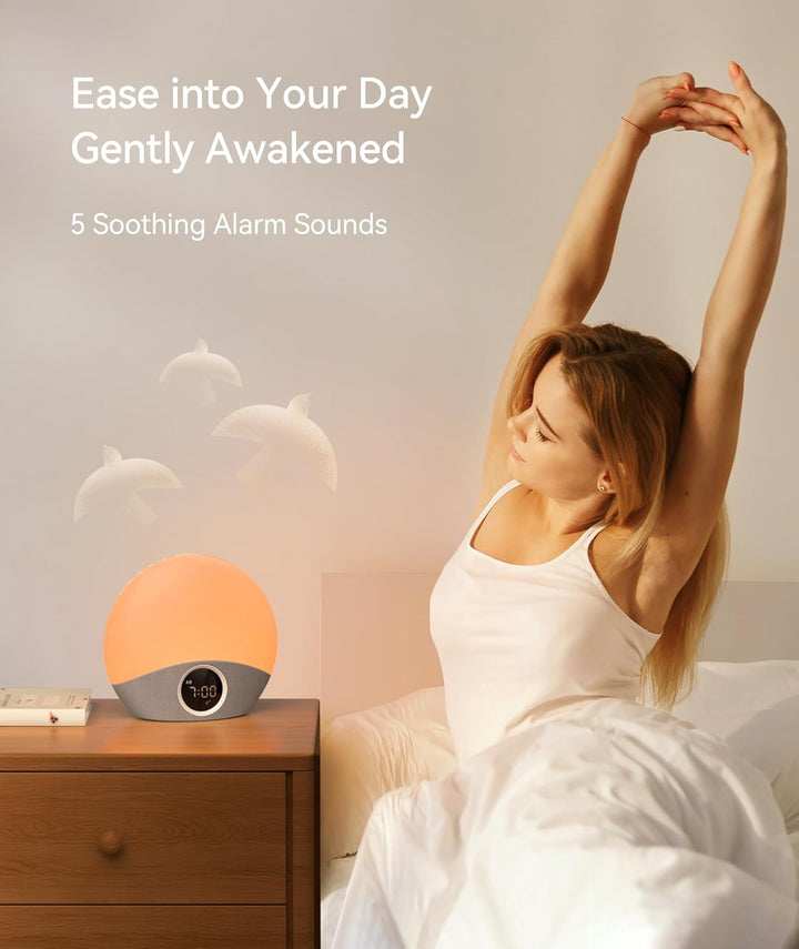 Sunrise Alarm Clock Wake up Light, Sound Machine with 30 Soothing Sounds, Digital Alarm Clock, 8-Colour Night Light for Sleep, Night Feeds & Reading, Dimmable Bedside Lamp for Bedroom & Gift