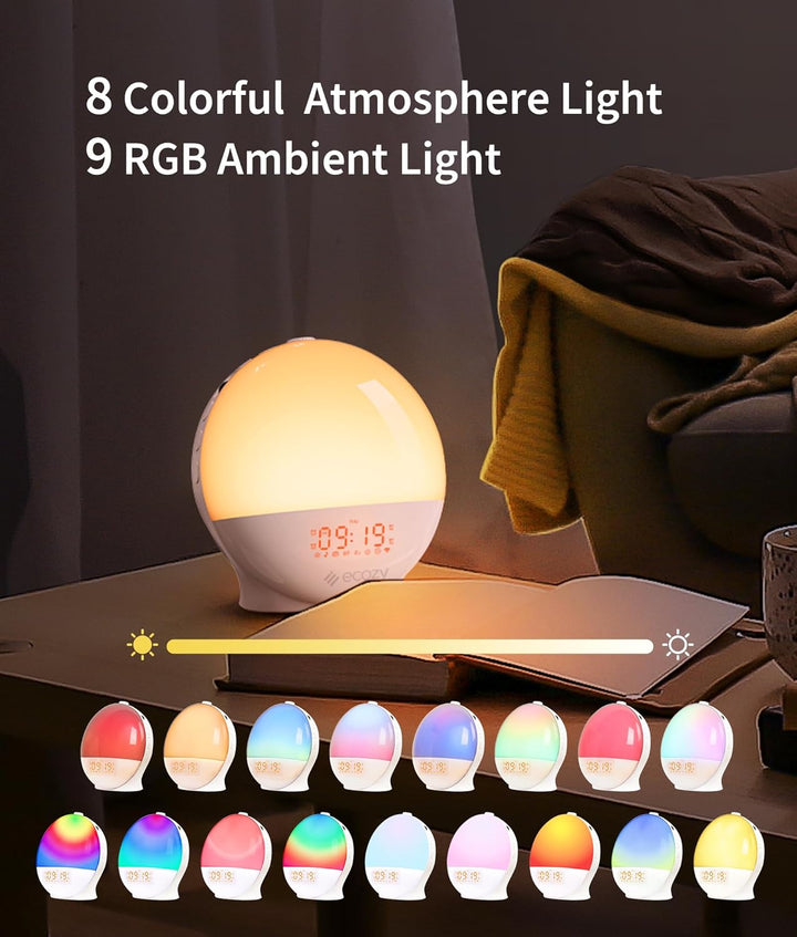 Sunrise Alarm Clock, White Noise Machine, Sunrise/Sunset Simulation, App&Voice of Alexa Control, 4 Alarms&Snooze, 17 Color Lights 22 Sleep Sounds, Bluetooth Wake up Light for Heavy Sleeper/Kid