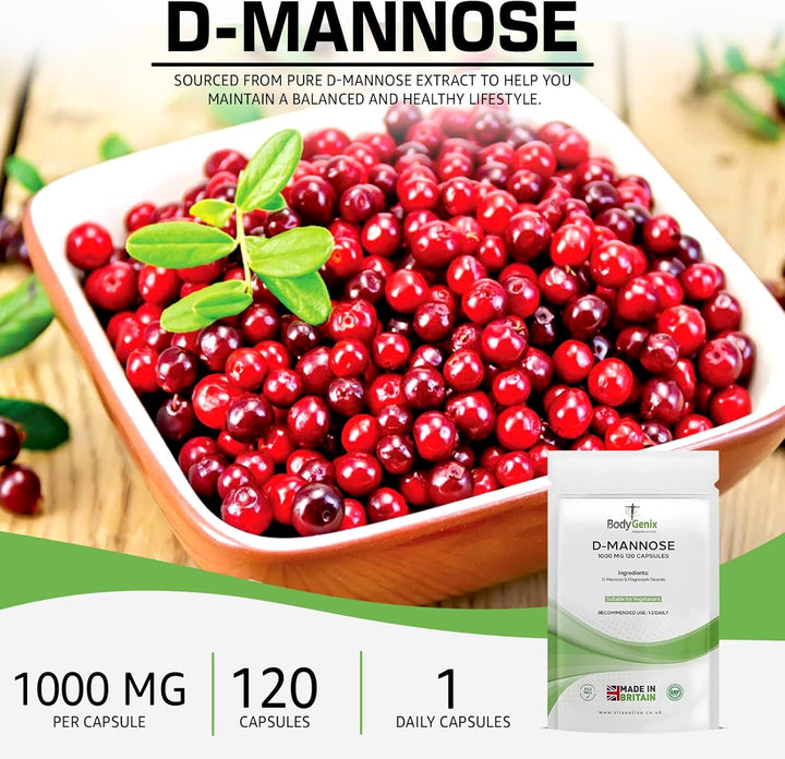 D-Mannose 1000Mg Capsules - High Strength Pure D-Mannose Capsule for Urinary Infections & Support Immune System - Daily Vegan Friendly Supplement for Men and Women - 120 Caps 4 Month Supply
