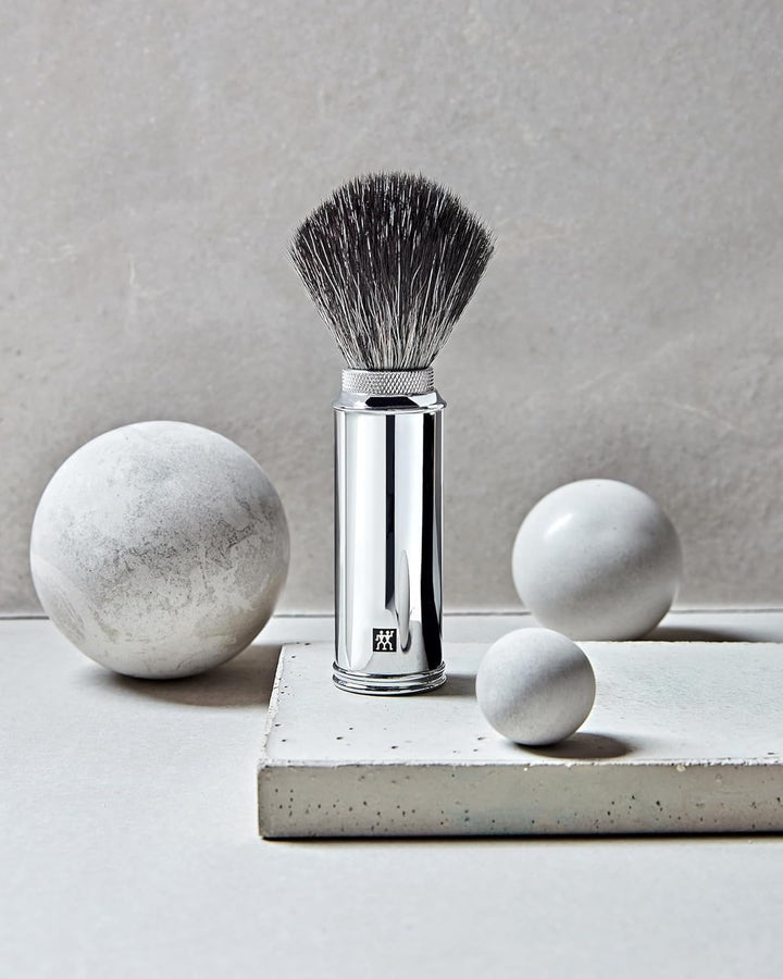 Travel Shaving Brush with Synthetic Hair for Travel, Vegan, Extra Easy Care and Soft Bristles, Silver