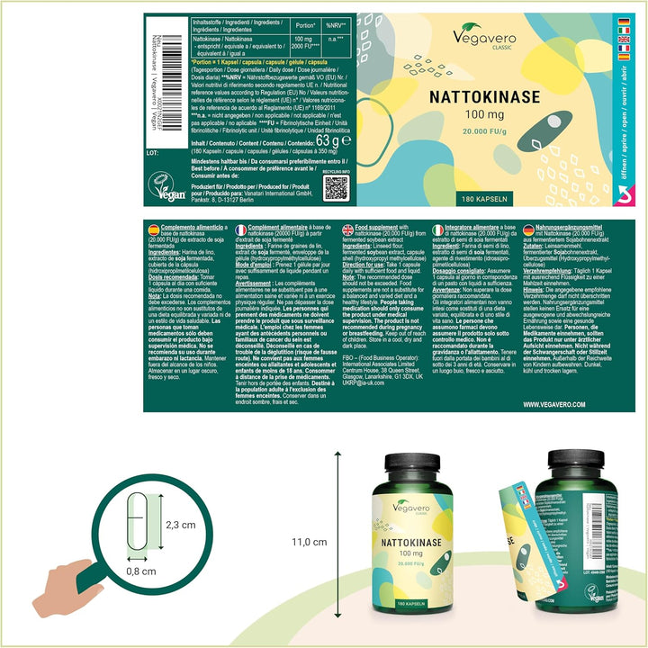 Nattokinase 2000 FU – 100 Mg | 180 Capsules | 100% Natural from Fermented SOYA Bean Extract | Enzyme from Japanese Natto | NO Additives | Vegan