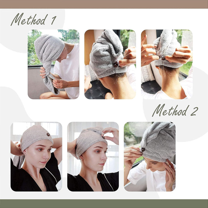 Hair Towel Wrap, Luxury Rapid-Dry Hair-Drying Turban, Ultra Soft and Quick Drying Absorbent Charcoal Fiber, with Coconut Shell Button - Gray