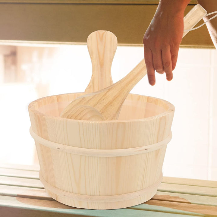 2Pcs Sauna Wooden Bucket and Ladle Set Sauna Water Bucket Wood Ladle Kit Barrel Set Sauna Steam Water Accessories (Neutral Style)