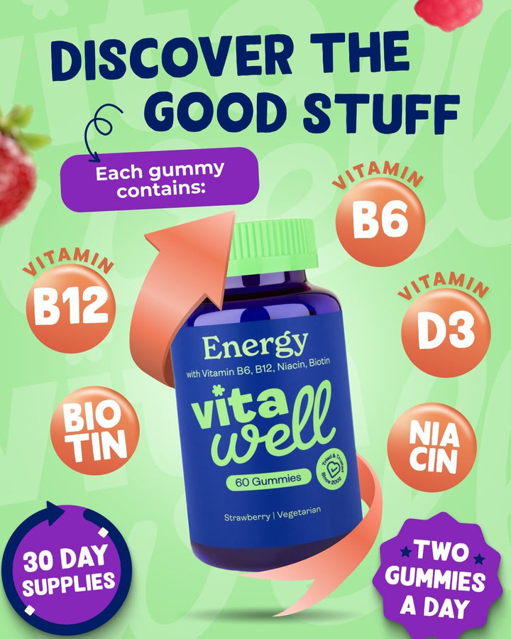 Energy Vitamin Gummies - 60 Strawberry Flavour Gummies | High Strength Chewable Sustained Endurance Vitamins | Vitamins B6 + B12 + Niacin | Alternative to Energy Drinks, Gels & Pills