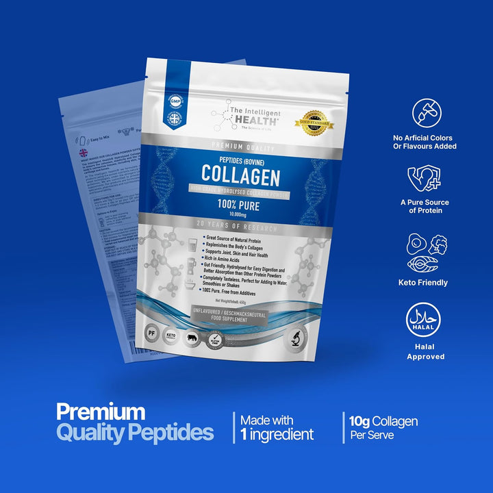 Collagen Powder 450G | Pure Hydrolysed Collagen Peptides Type I & III | 45 Servings, 10G Protein | Grass-Fed Bovine | for Women & Men | Unflavoured, Gluten Free, Keto & Paleo