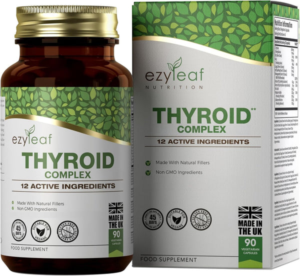 Ezyleaf Thyroid Complex | L Tyrosine Thyroid Support Supplement with Ashwagandha, Iodine, Zinc, Kelp, Sea Moss, Potassium Iodide, Guggul Extract & Selenium | 90 L-Tyrosine Capsules | UK ISO Certified