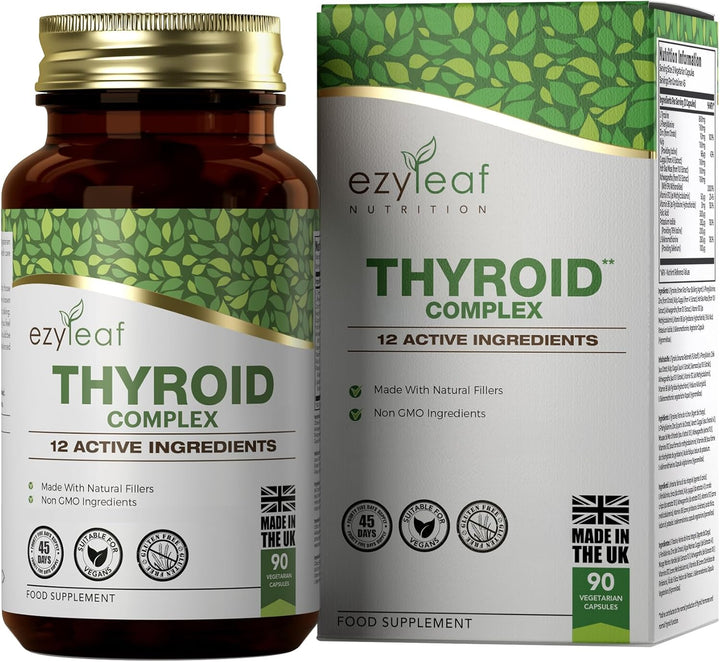 Ezyleaf Thyroid Complex | L Tyrosine Thyroid Support Supplement with Ashwagandha, Iodine, Zinc, Kelp, Sea Moss, Potassium Iodide, Guggul Extract & Selenium | 90 L-Tyrosine Capsules | UK ISO Certified
