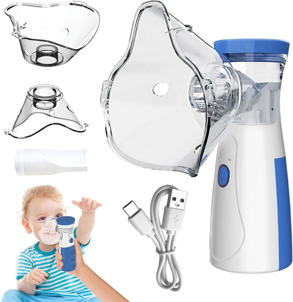 Portable Nebulizer Machine for Adults & Kids - Adjustable Silent Nebuliser with 2 Masks (1 Big + 1 Small) & Mouthpiece - Home & Travel Steam Inhaler (Blue)