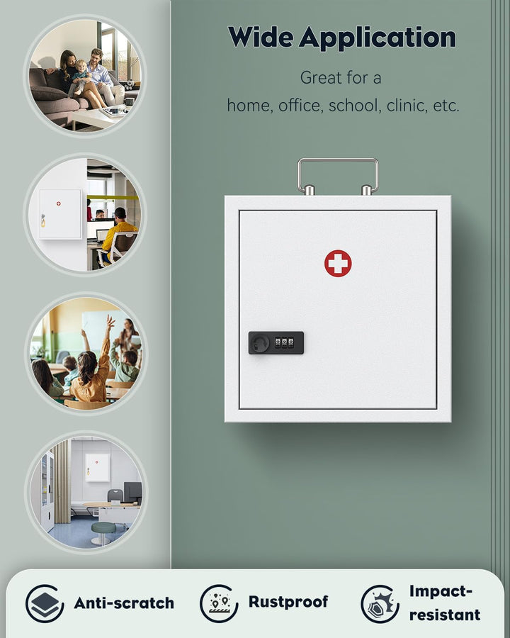 Wall Mount Medicine Cabinet with Combination Lock & Handle Locking First Aid Lockable Medical Safe Storage Box Medium Medicine Organizer Secure Steel Wall Cabinet Metal Storage Box