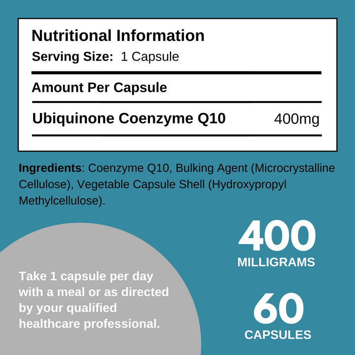 Coq10 400Mg - Highest Strength Ubiquinone Coenzyme Q10 | Powerful Antioxidant for Heart and Vascular Health, Essential for Energy Production | 60 Capsules - 2 Month Supply | Made in the UK