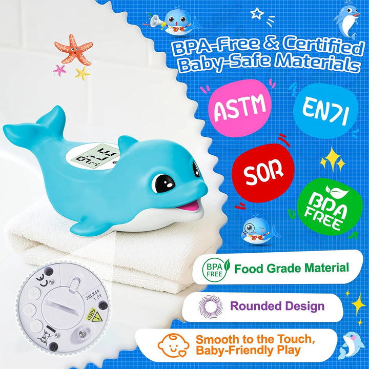 Baby Bath Thermometer – Digital Floating Water Thermometer for Newborn – Accurate Temperature in °C & °F – Blue Dolphin Design