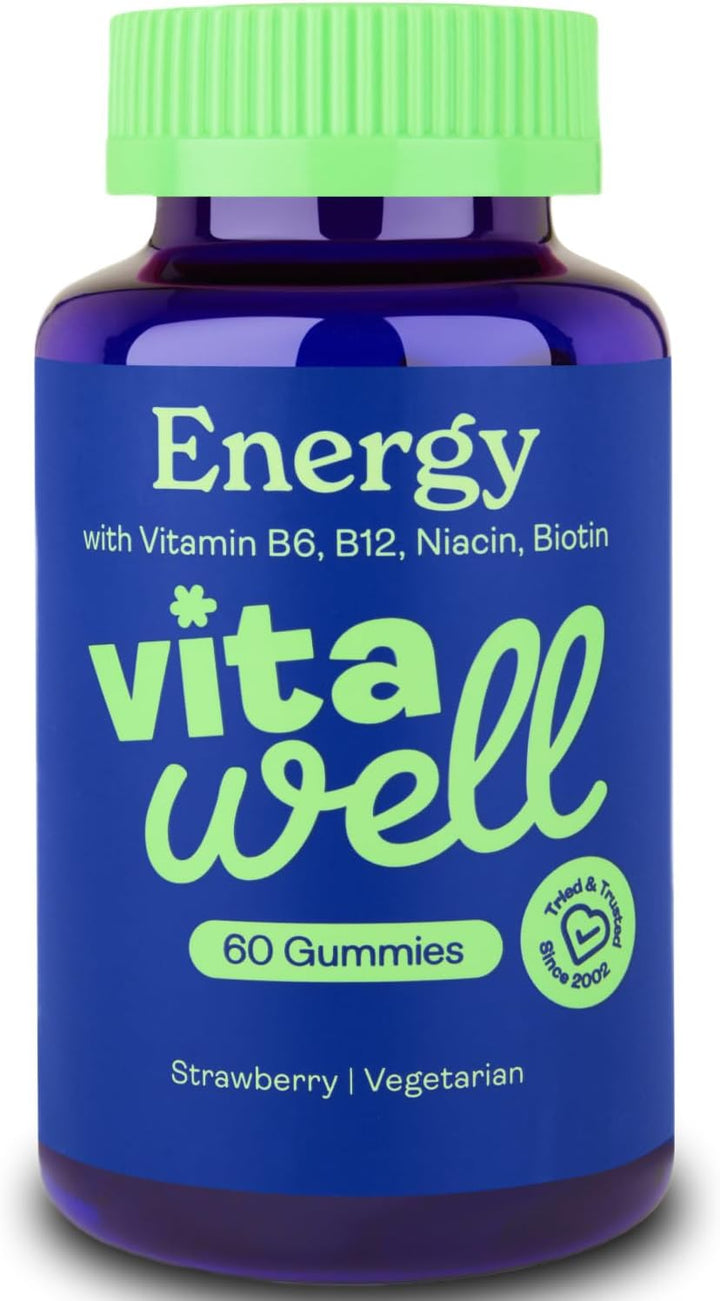 Energy Vitamin Gummies - 60 Strawberry Flavour Gummies | High Strength Chewable Sustained Endurance Vitamins | Vitamins B6 + B12 + Niacin | Alternative to Energy Drinks, Gels & Pills