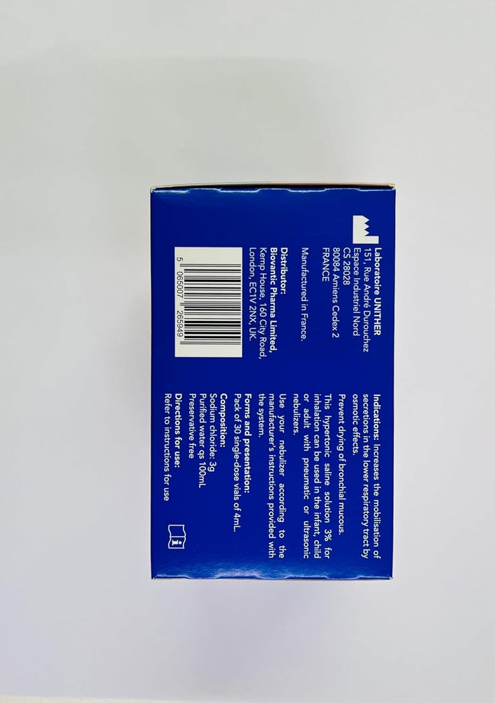 Hypertonic Saline Inhalation Solution 3%. Inhalation Solution for Adults & Children. Box Contains 30 Single Dose Vials of 4Ml.