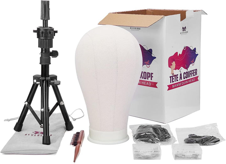 23 Inch Wig Head Stand Tripod, with Canvas Mannequin Heads for Wigs, Manikin Canvas Head Block Set for Making Display with T Pins Set Bristle Brush