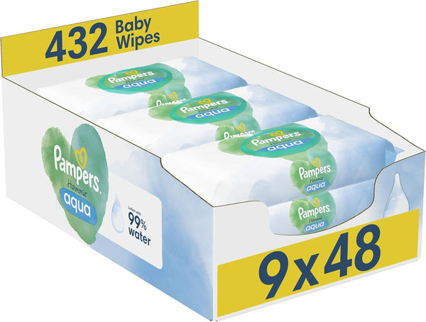 Harmonie Aqua Baby Wipes Plastic Free 9 Packs of 48 Wipes, 432 Baby Wet Wipes, Help Restore Natural Skin Ph, Delicate Lotion with 99 Percent Water