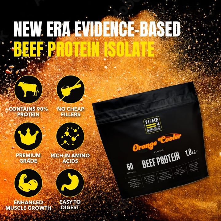 Time 4 Beef Protein Hydrolysed Beef Protein Isolate Gluten Free, Soy, Fat & Sugar Free - Virtually Carb Free, Delicious Fruity Flavours 60 Servings (1.8Kg, Orange Cooler)