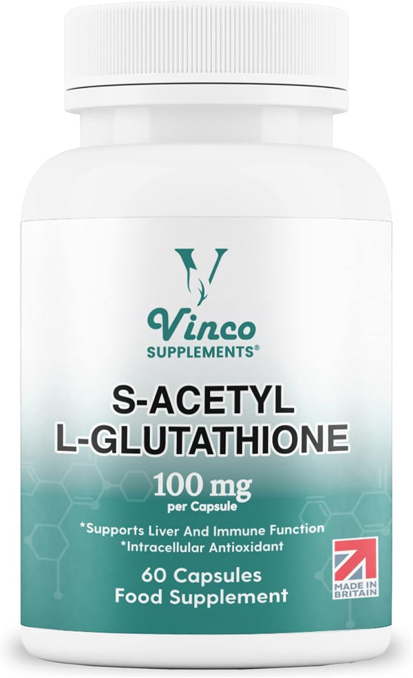Vinco S-Acetyl L-Glutathione Supplement, 60 L-Glutathione Capsules, Antioxidant Supplement, Support Immune System & Neuron Health- 100Mg per Serving, Protects Liver Function - Non-Gmo & Gluten Free