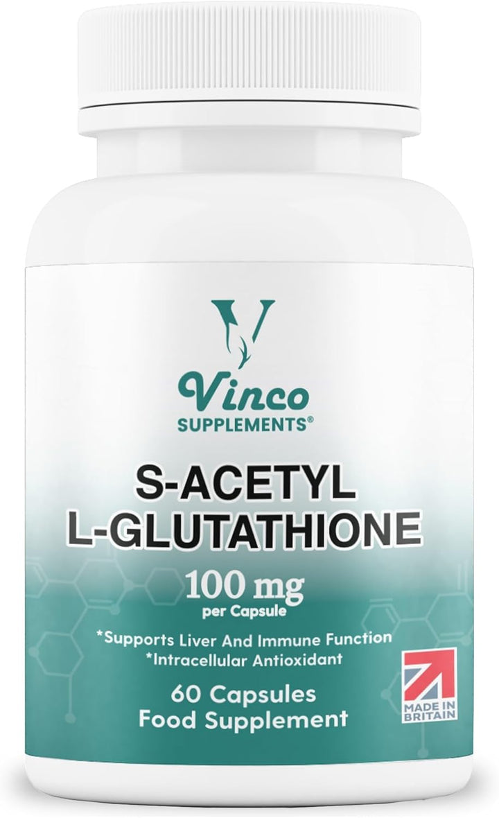 Vinco S-Acetyl L-Glutathione Supplement, 60 L-Glutathione Capsules, Antioxidant Supplement, Support Immune System & Neuron Health- 100Mg per Serving, Protects Liver Function - Non-Gmo & Gluten Free