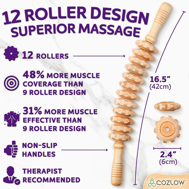 Wooden Massage Roller Stick - 12 Rollers - Curved Wood Therapy Massage Tool for Body Sculpting, Fascia Release and Lymphatic Drainage - by